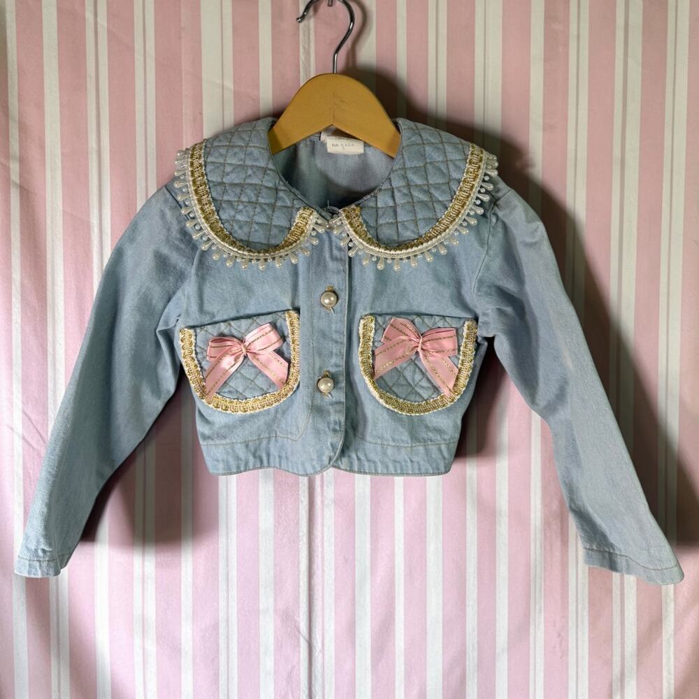 B. My Baby Girl's 5 Light Blue Denim Cropped Jacket Pearl Buttons Bows USA Made
